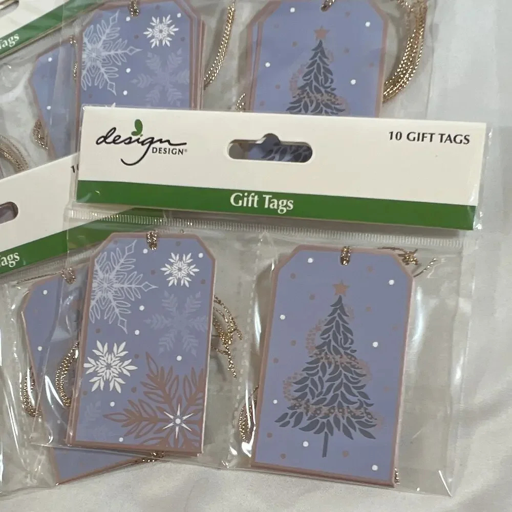Design Design Christmas Gift Tags Blue Snowflake & Tree Gold String lot of 40